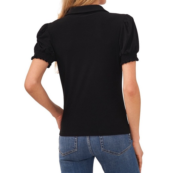CeCe Black Fitted Puff Sleeve Polo Blouse - Picture 2 of 6